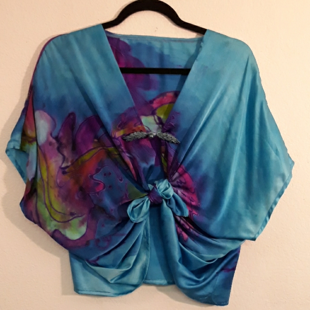 Hand Painted Silk Satin turquoise short jacket